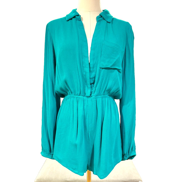 Superdown Green Teal Tracie Collared Plunge Neckline Long Sleeve Romper Medium - Picture 1 of 9